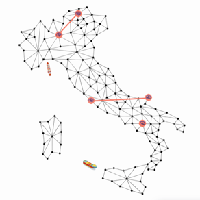 mappa della penisola italiana con i collegamenti tra i micromagazzini di rete logistica