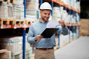 uomo con un elmetto di sicurezza legge da un foglio in una cartellina in un magazzino logistico